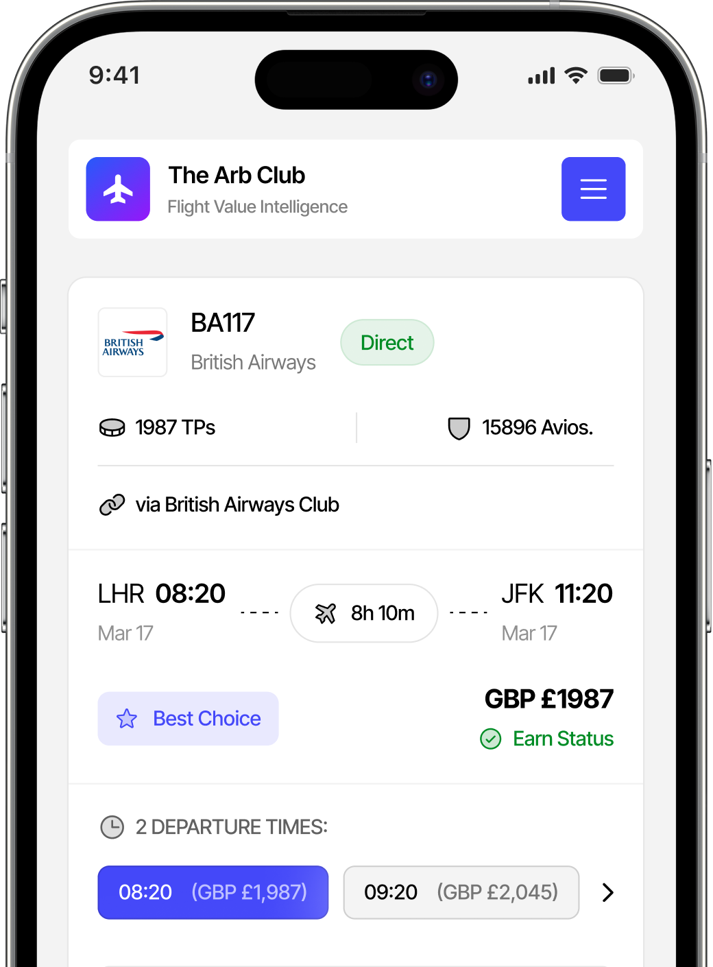 The Arb Club search results showing flight BA117 from LHR to JFK